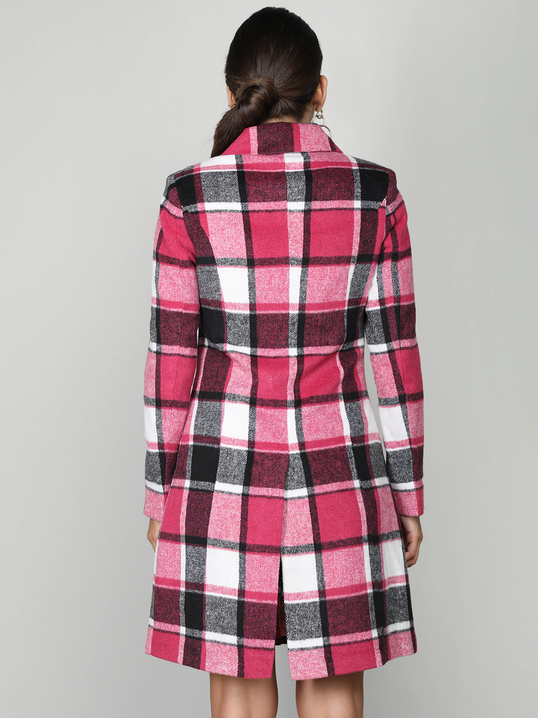 Women Checked Spread Collar Single-Breasted Woolen Overcoat