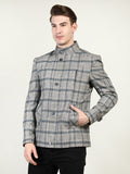 Men Checked Stand Collar Pea Coat