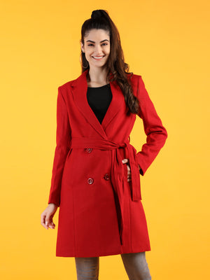 Women Red Solid Winter Trench Coat