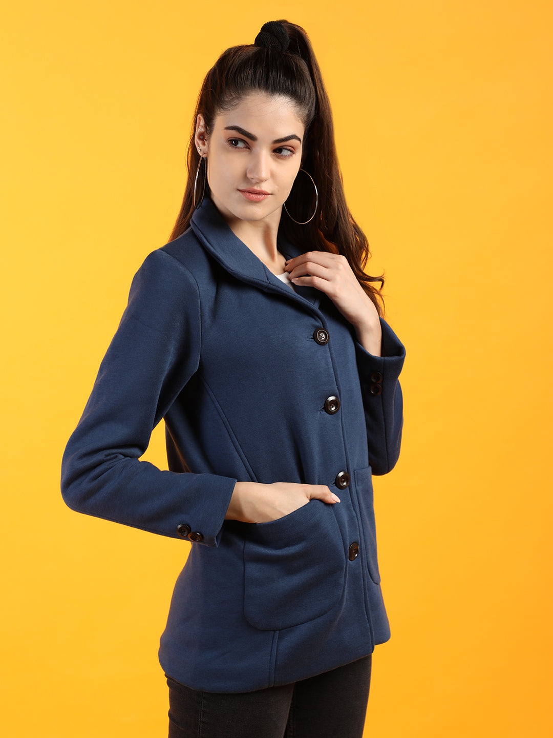 Women Blue Solid Fleece Winter Wear Overcoat
