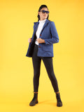 Women Blue Solid Fleece Winter Wear Overcoat