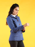 Women Blue Solid Fleece Winter Wear Overcoat