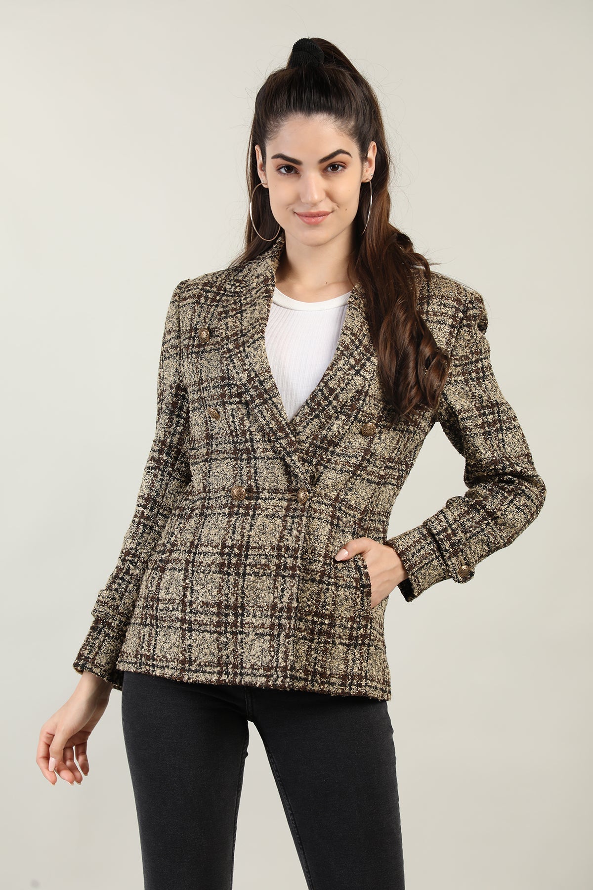 Women Brown Checkered Coats