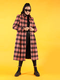 Women Peach & Black Checked Double-Breasted Overcoat