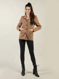 Women Brown Solid Fleece Overcoat Winter Coat