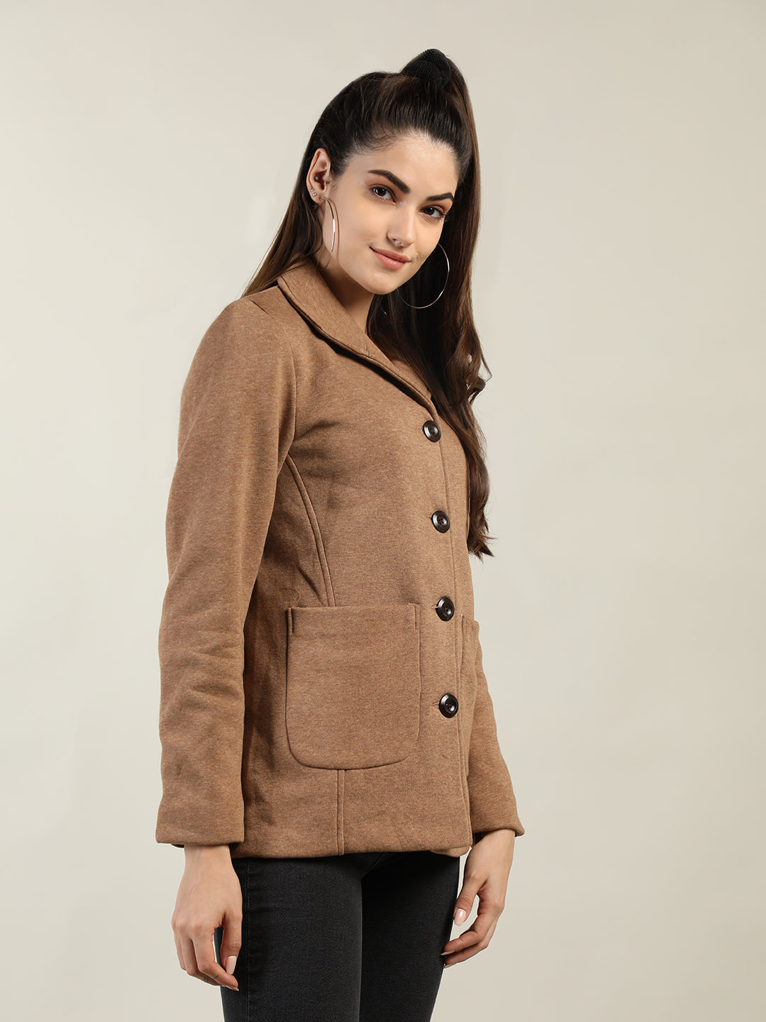 Women Brown Solid Fleece Overcoat Winter Coat – Chkokko