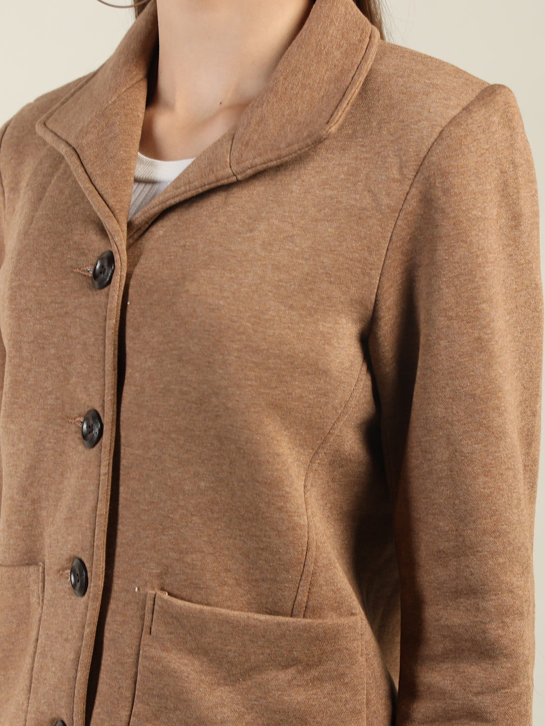 Women Brown Solid Fleece Overcoat Winter Coat