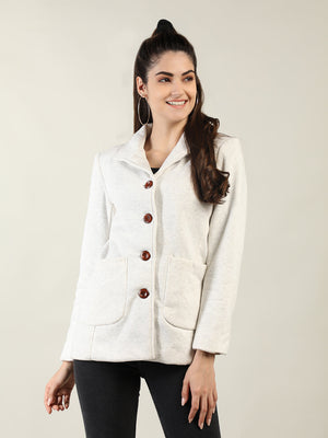 Women Ecru Solid Fleece Winter Wear Overcoat
