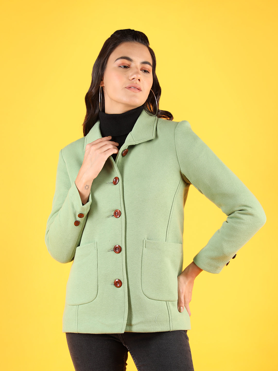Women Green Solid Fleece Winter Wear Coat