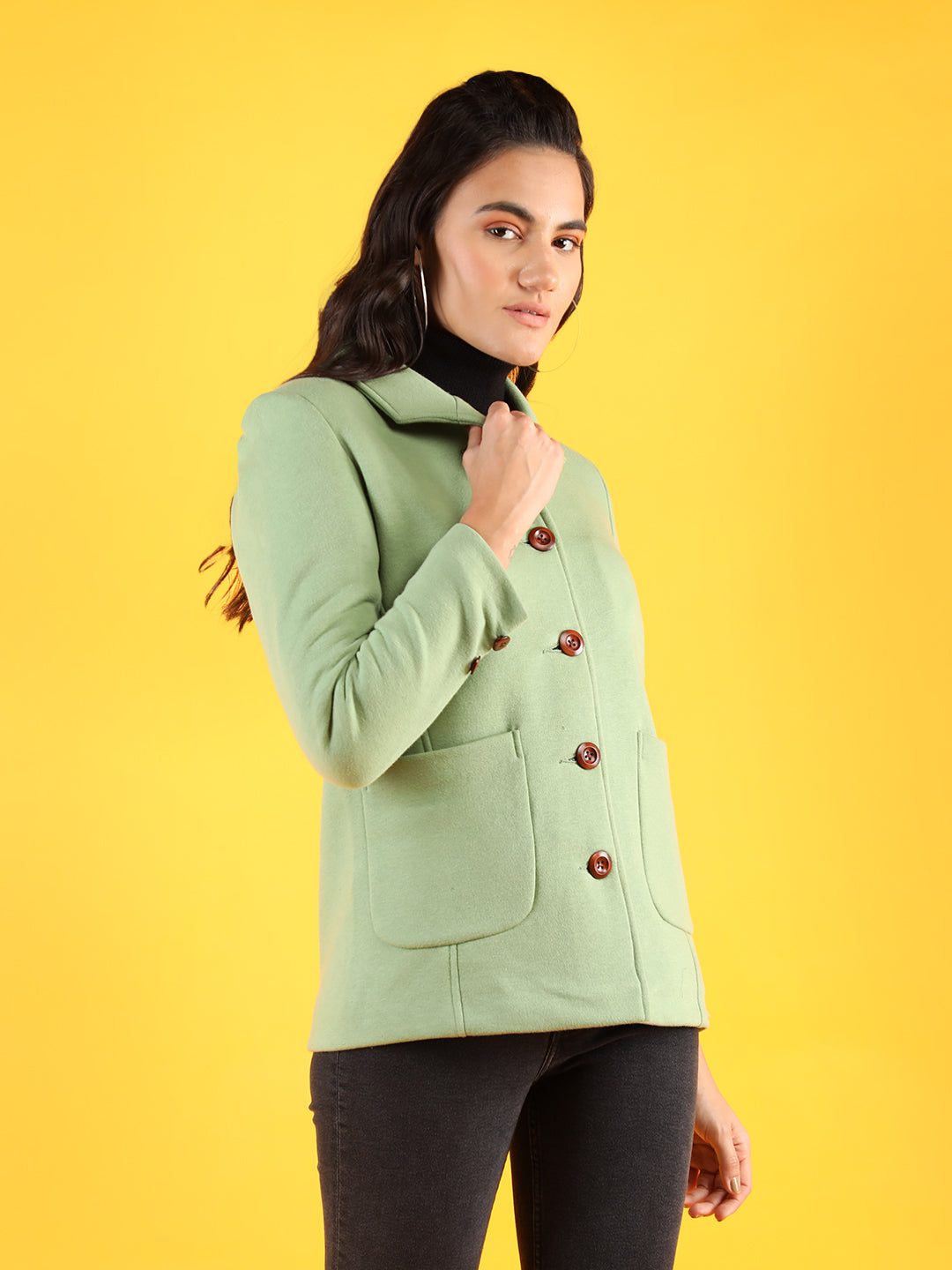 Women Green Solid Fleece Winter Wear Coat