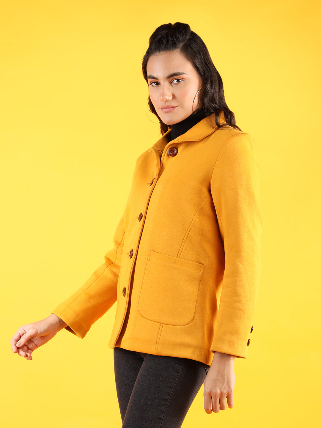 Women Yellow Solid Fleece Winter Wear Overcoat
