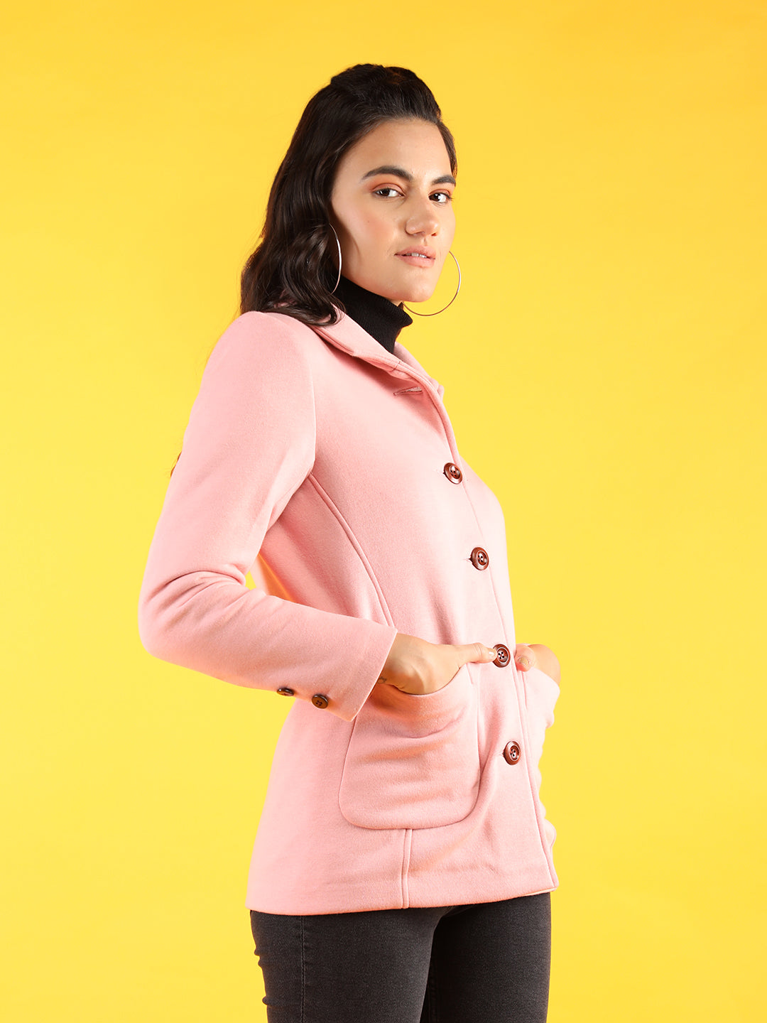 Women Pink Solid Fleece Winter Wear Overcoat