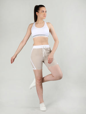 Women's Beige White Regular Fit Sports Shorts | CHKOKKO
