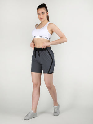 Women's Grey Black Regular Fit Sports Shorts | CHKOKKO