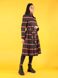 Women Peach-Colored Checked Overcoat