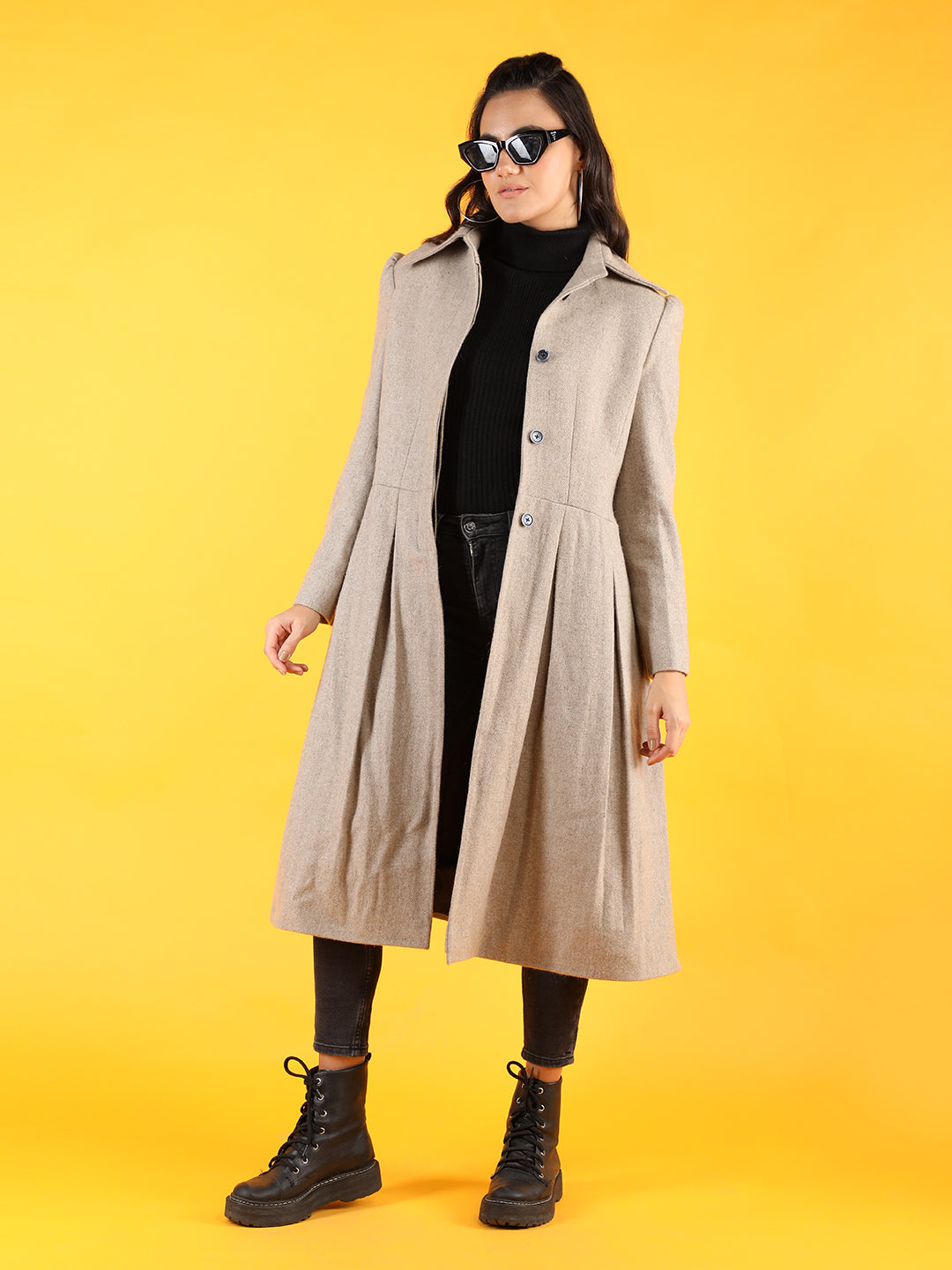 Women Khaki Solid Longline Overcoat