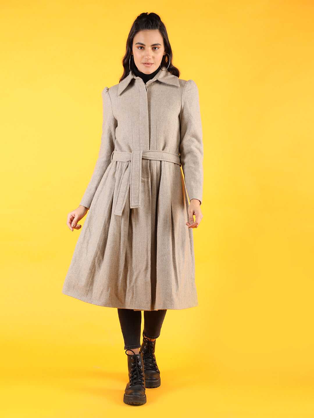Women Khaki Solid Longline Overcoat