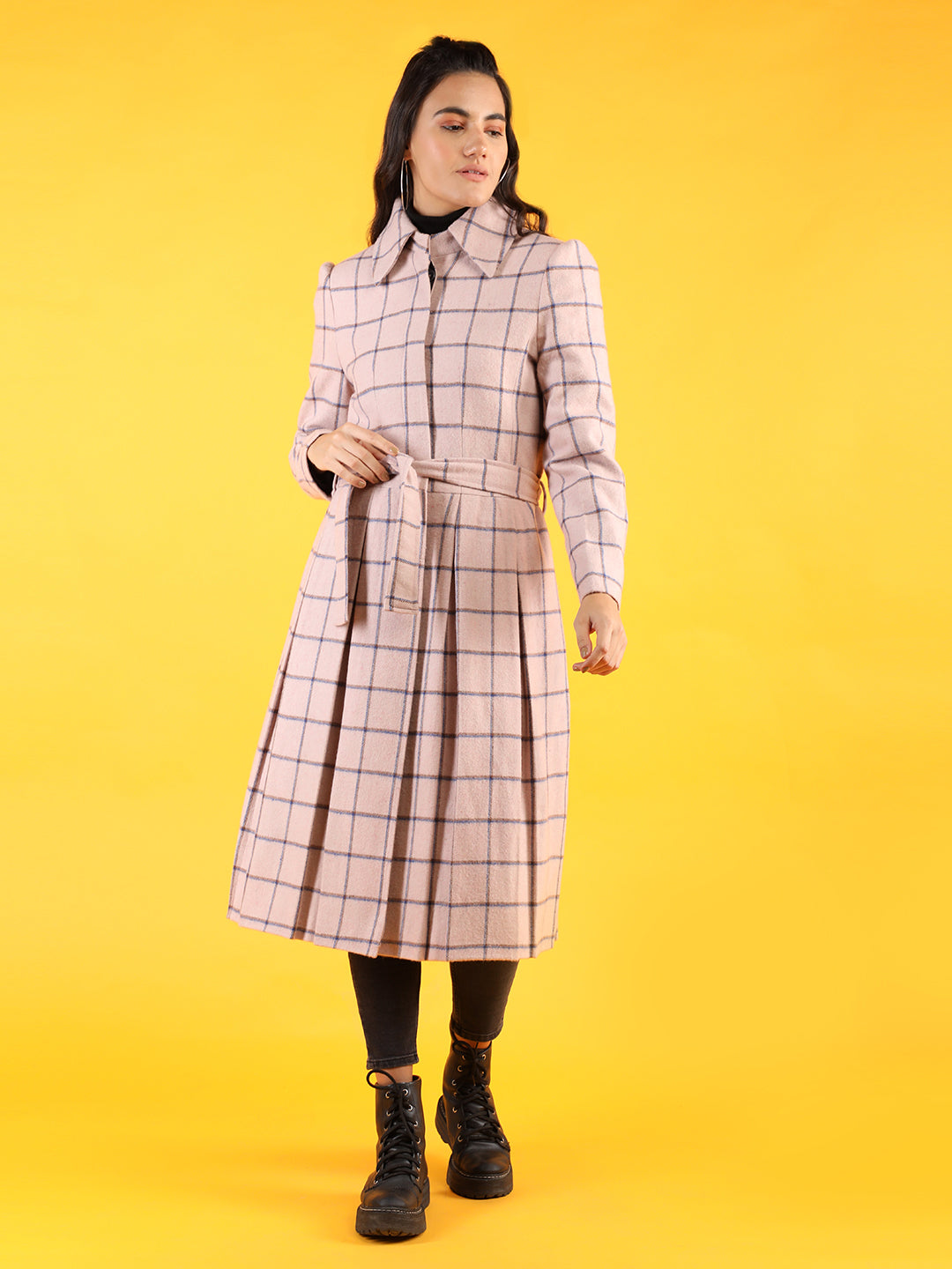 Women Pink & Brown Checked Longline Overcoat