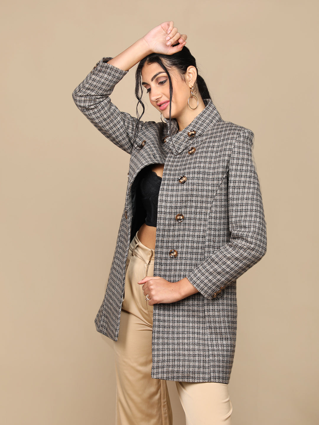 Women Checked Double-Breasted Winter Longline Overcoat