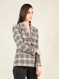 Women Grey & Brown Checked Winter Wear Long Sleeves Coats