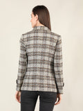 Women Grey & Brown Checked Winter Wear Long Sleeves Coats
