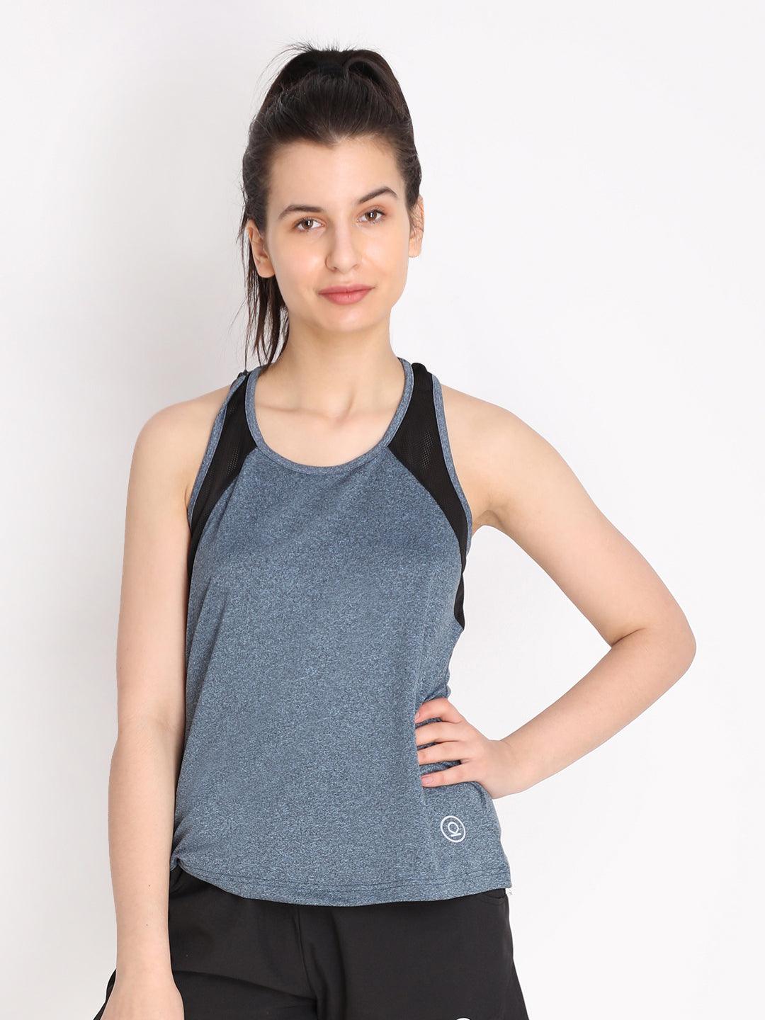 Women's Blue Melange Sleeveless Sports Gym Tanktop | CHKOKKO