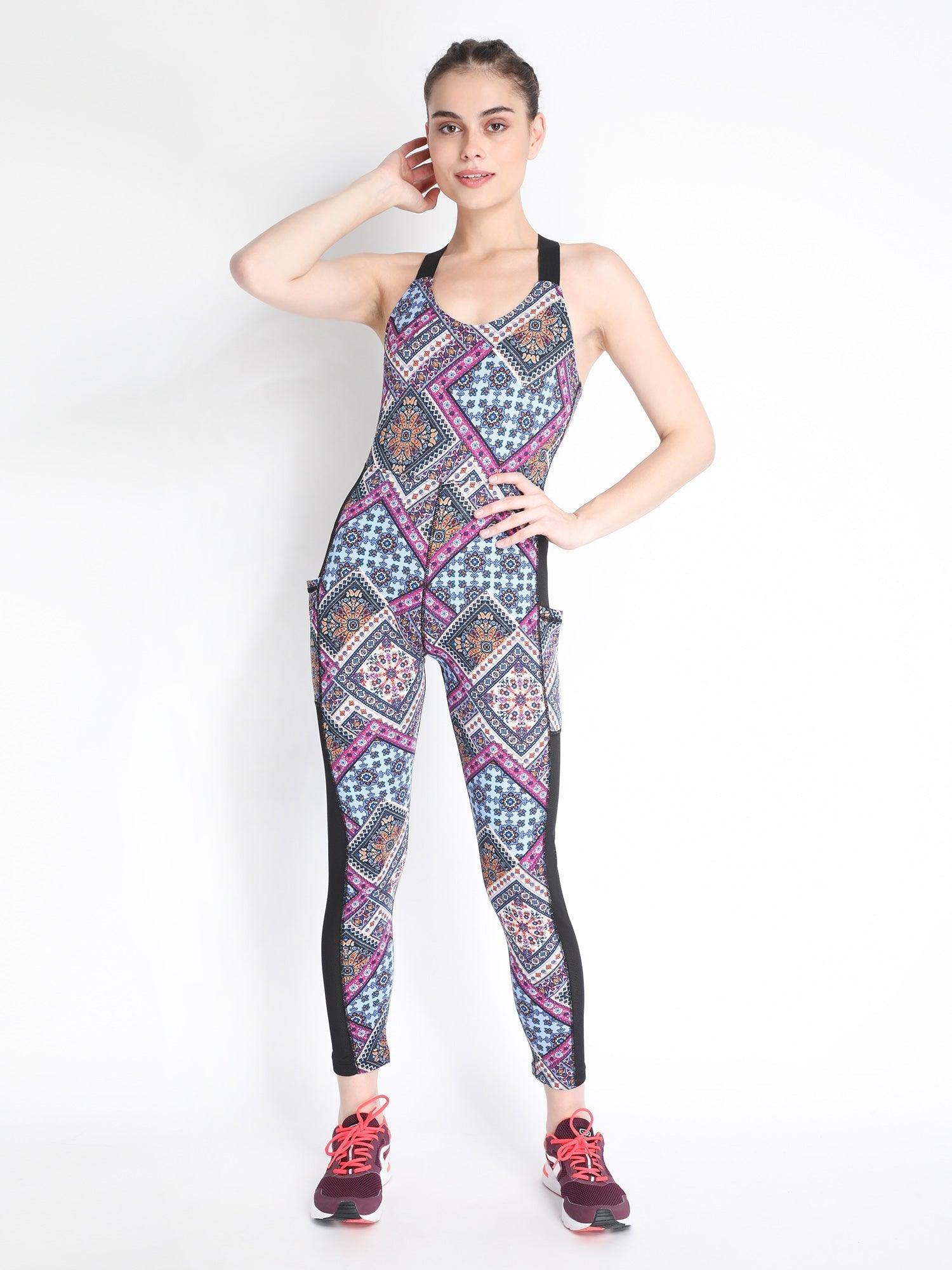 Women's Pink Blue Printed Yoga Workout Basic Jumpsuit | CHKOKKO