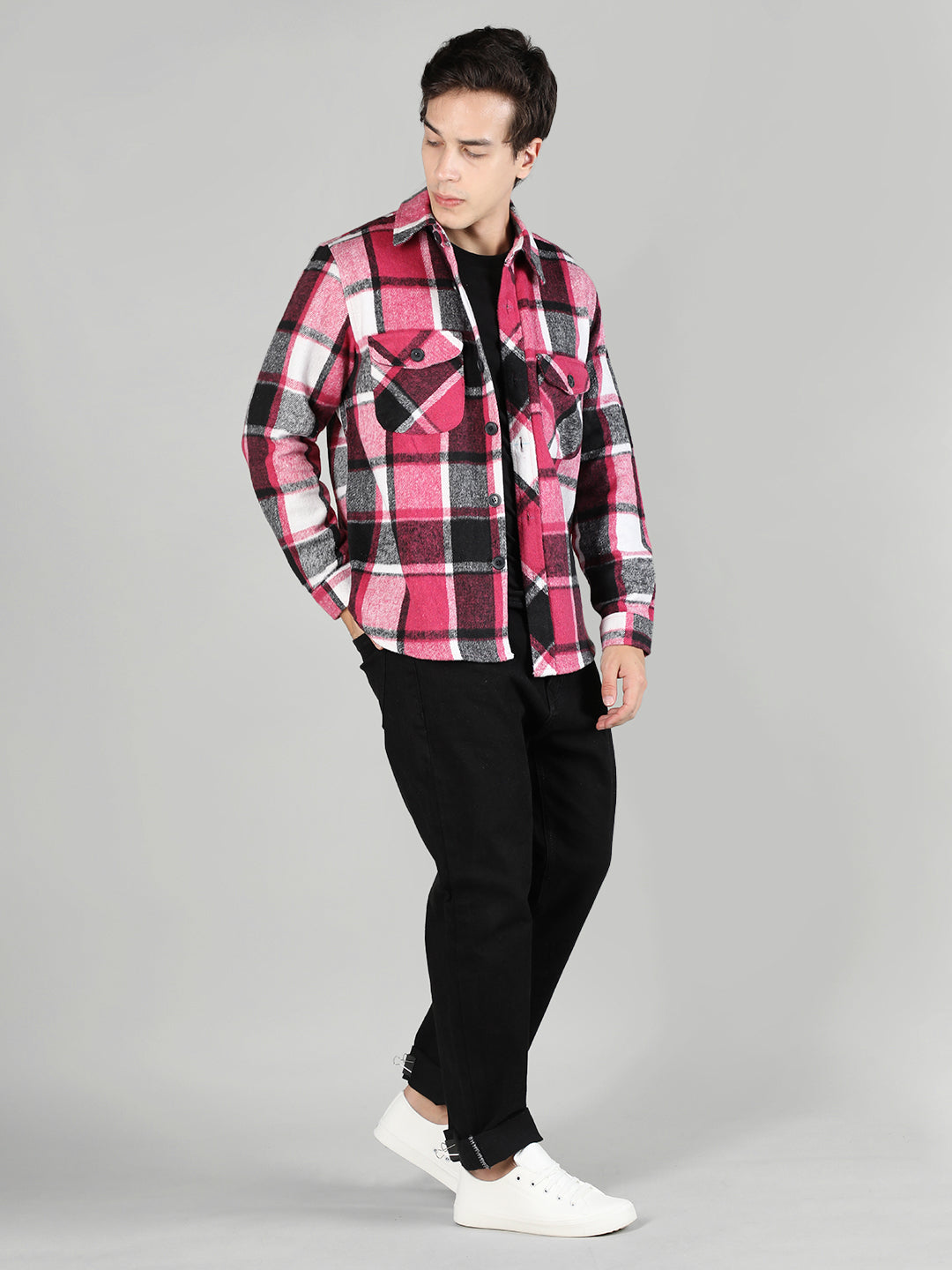 men's dark pink check shacket