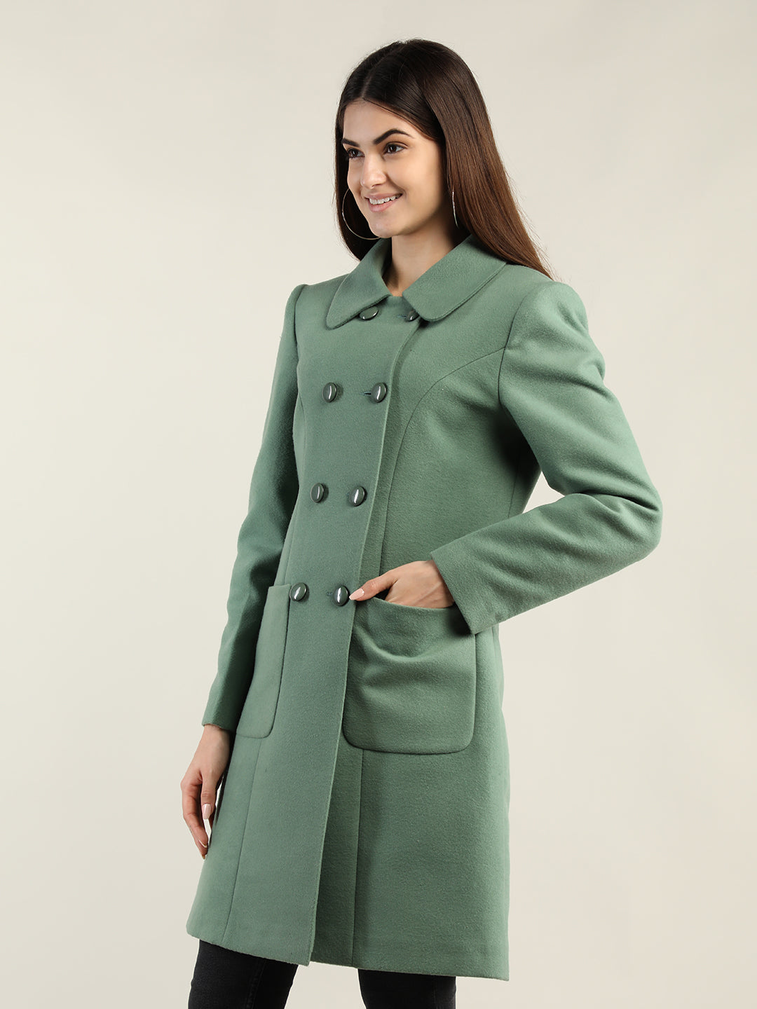 Women Green Solid Winter Trenchcoat
