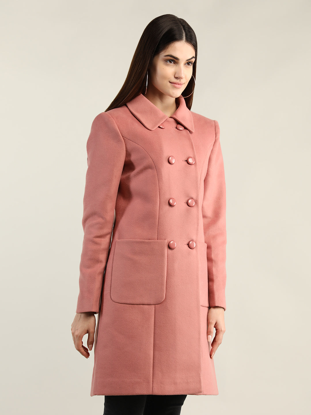 Women Pink Solid Knee Length Trench Coat
