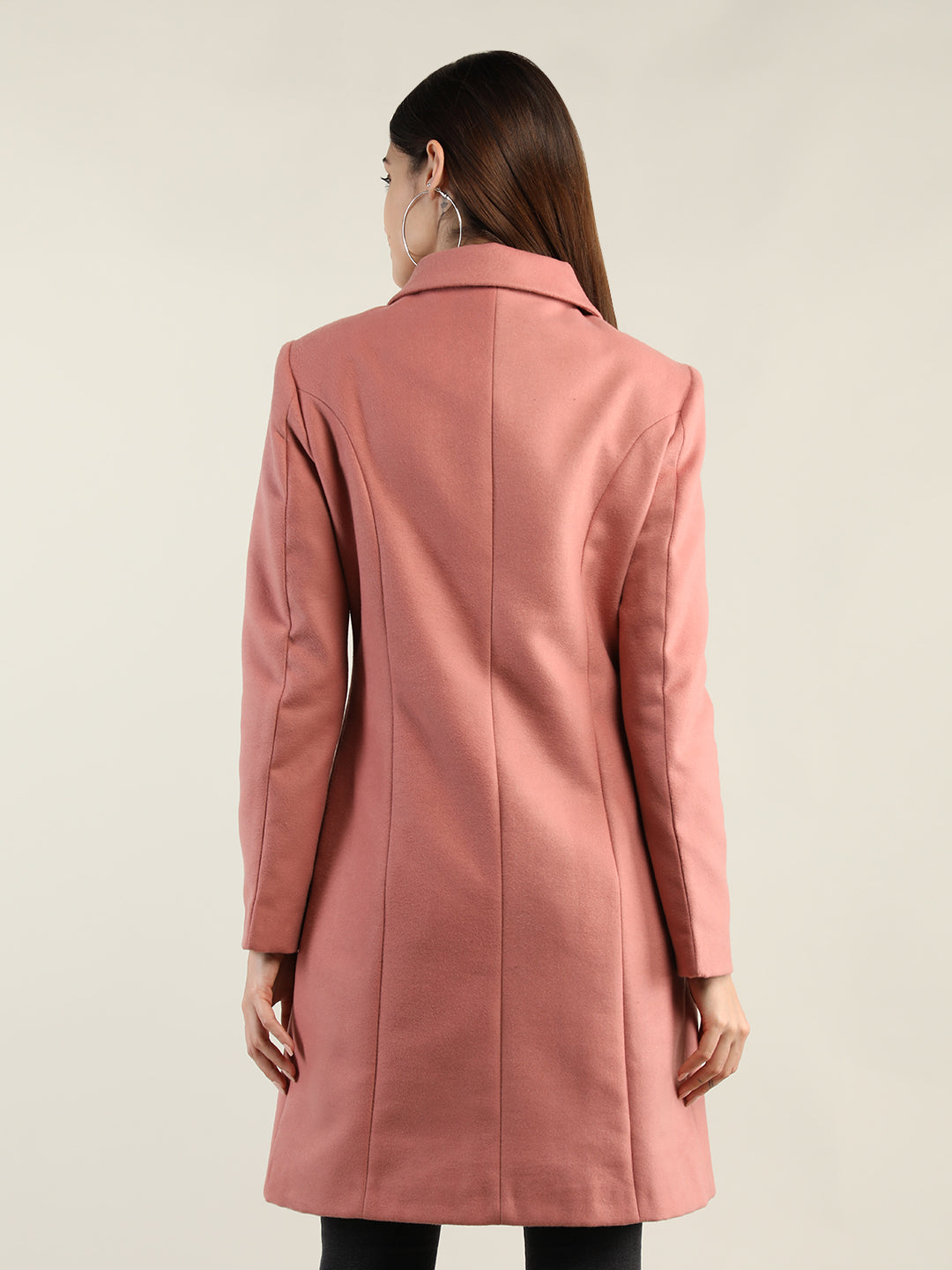 Women Pink Solid Knee Length Trench Coat