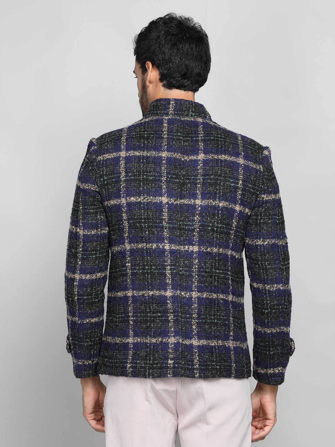 Men Checked Stand Collar Woolen Tweed Pea Coat