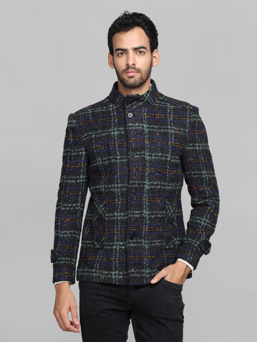 Men Checked Stand Collar Woolen Pea Coat