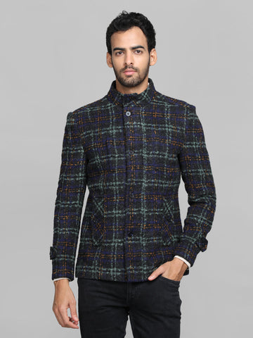 Men Checked Stand Collar Woolen Pea Coat