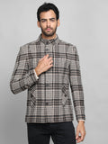 Men Checked Stand Collar Tweed Woolen Pea Coat