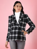 Women Black & White Checked Winter Overcoat