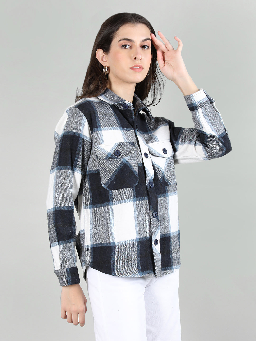 Women's Blue White Shacket | CHKOKKO