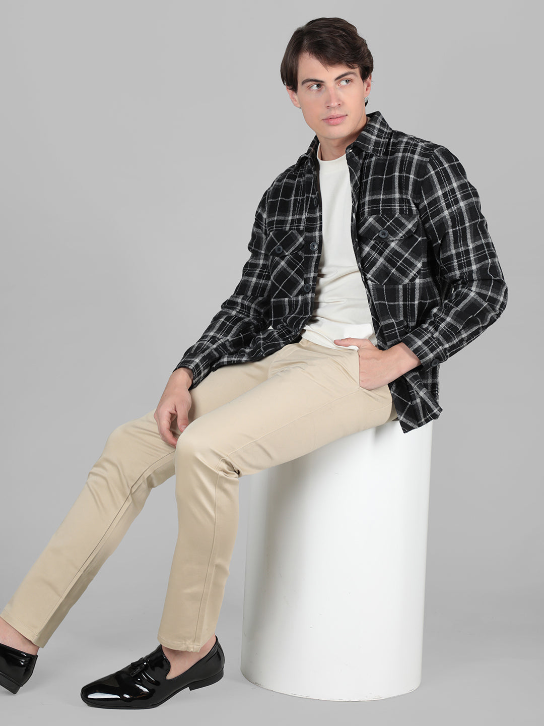 men's black in white line check shacket