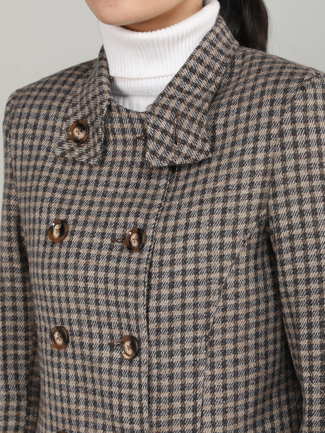 Women Checked Double-Breasted Winter Longline Overcoat
