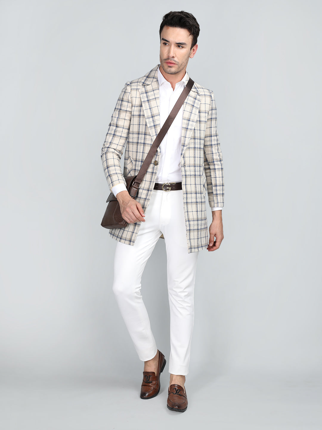 Men Checked Notched Lapel Tweed Woollen Overcoat