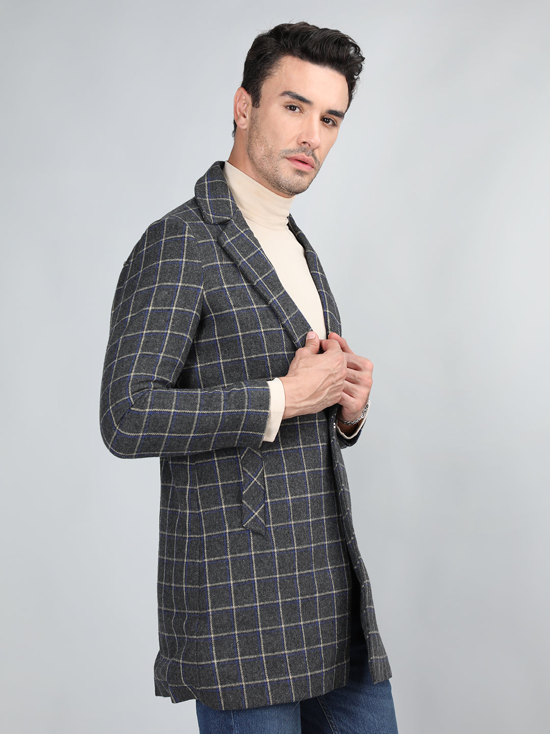 Men Checked Notched Lapel Tweed Woolen Longline Overcoat
