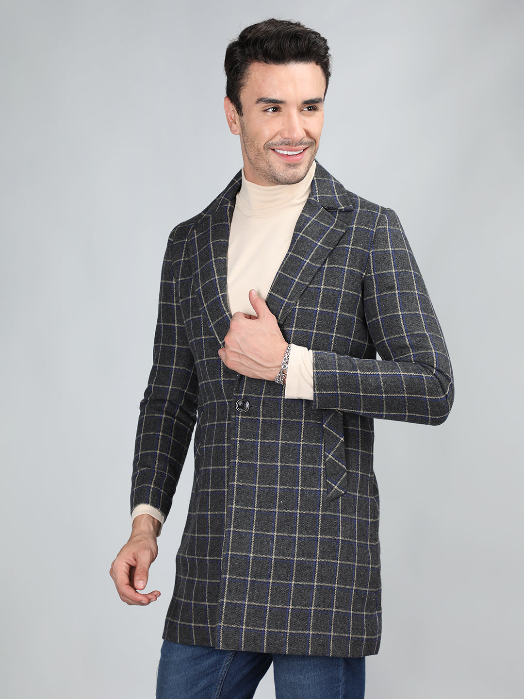 Men Checked Notched Lapel Tweed Woolen Longline Overcoat