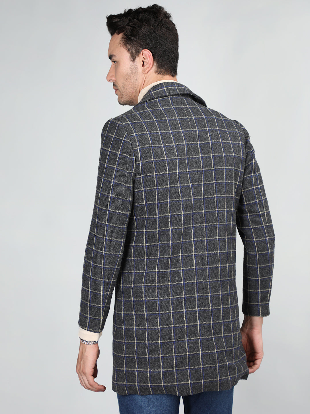 Men Checked Notched Lapel Tweed Woolen Longline Overcoat