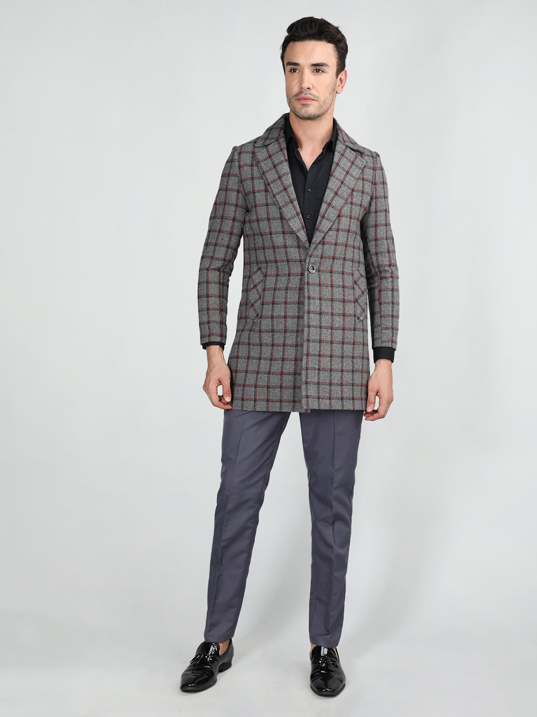 Men Checked Notched Lapel Woolen Overcoat