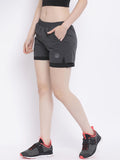 Women's Dark Grey Black DOuble Layered Sports Running Shorts | CHKOKKO