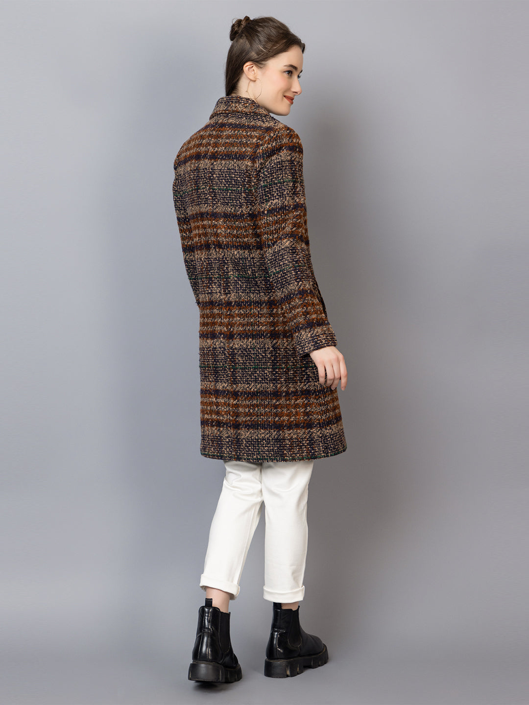 Women Self Designed Notched Lapel Collar Woolen Winter Single Breasted Overcoat