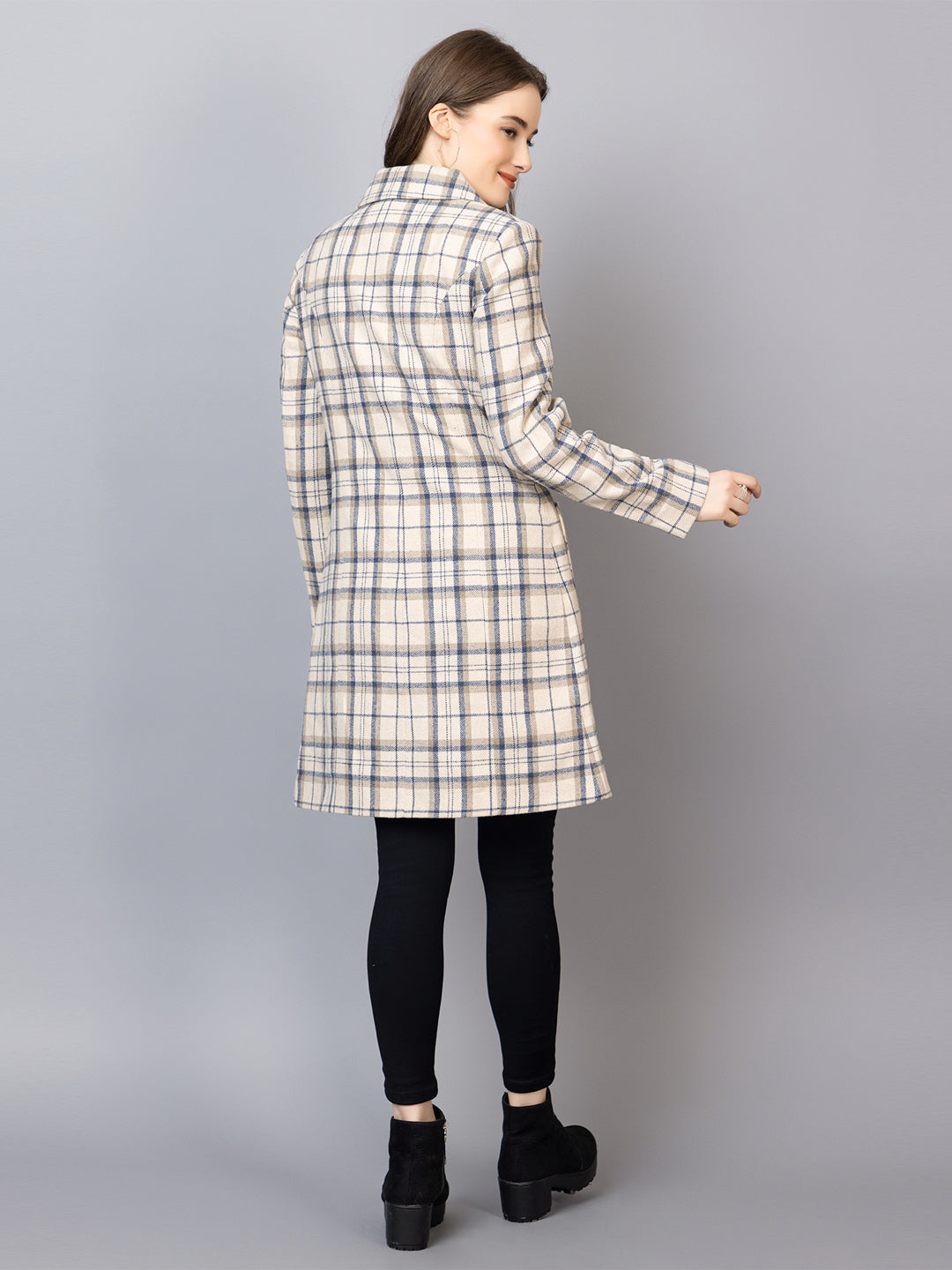 Women Checked Woolen Double Breasted Double Breasted Overcoat