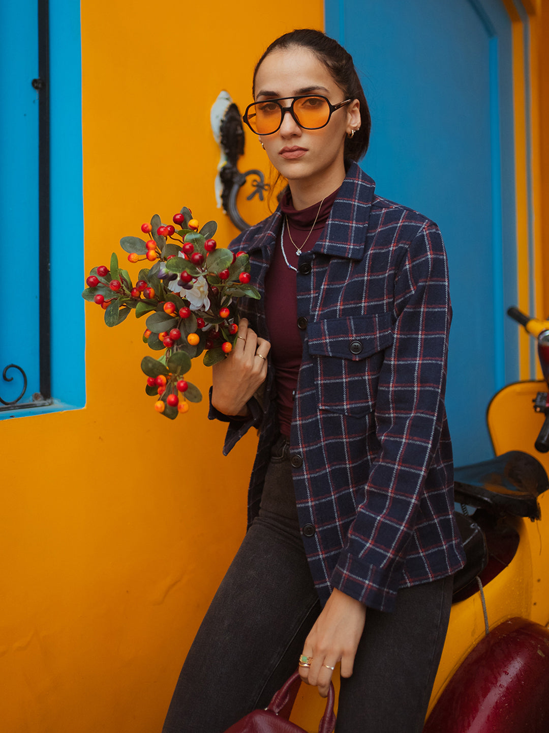Women's Navy Red Shacket | CHKOKKO
