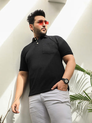 Men's Black Plus Size Polo Regular Half Sleeve T-shirt with Pocket | CHKOKKO