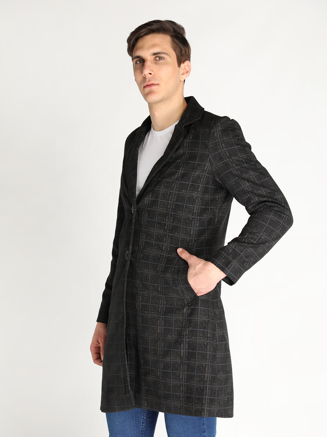Men Checked Longline Woolen Overcoat